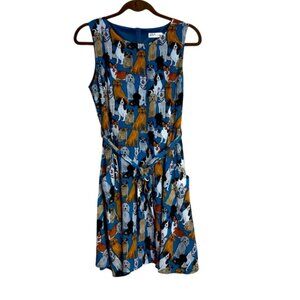 LA Soul Women’s Medium Blue Dog Print Sleeveless Dress Lined Waist Tie Pockets